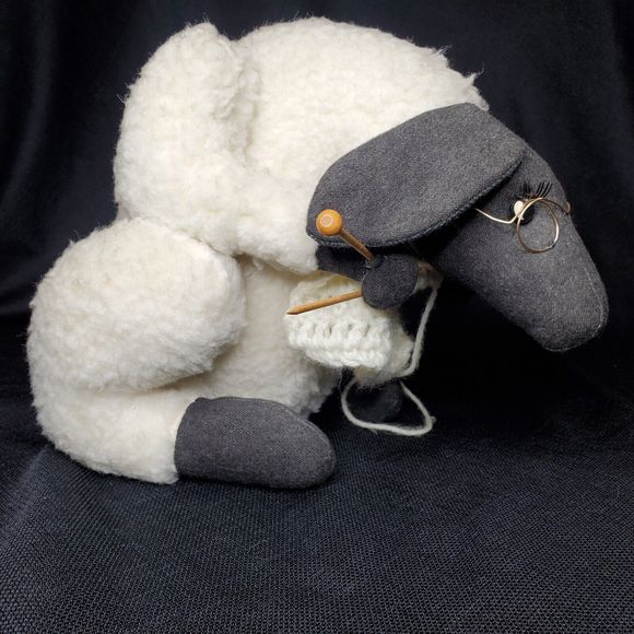 Plush Knitting Granny Sheep Stuffed Animal Black White Knit Needle Sewing 14” - Picture 4 of 16